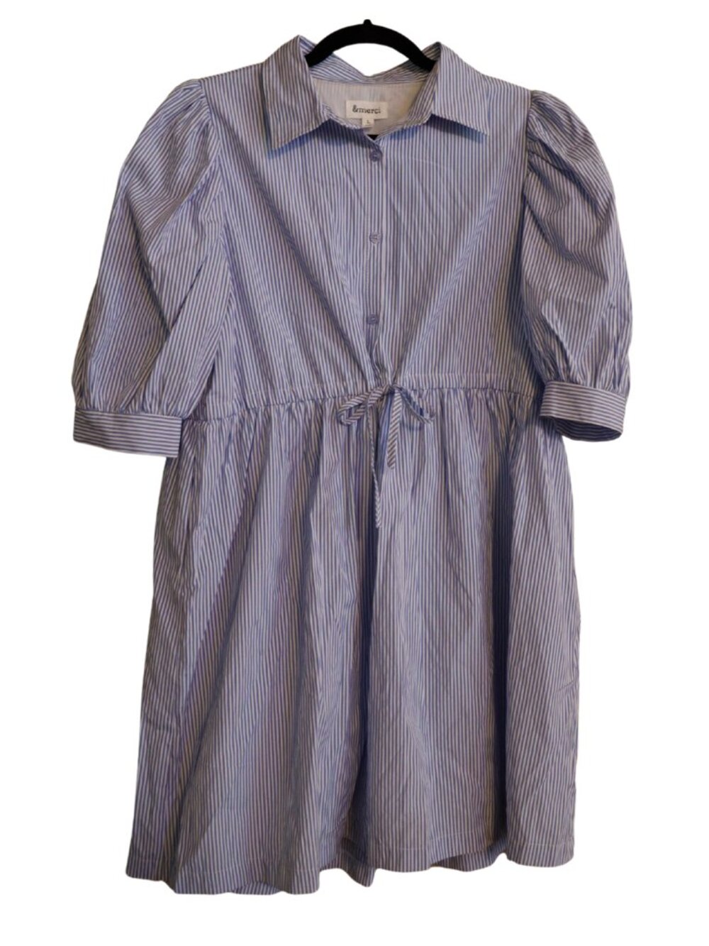 &Merci Blue & White Striped Puff Sleeve Shirtdress Size L